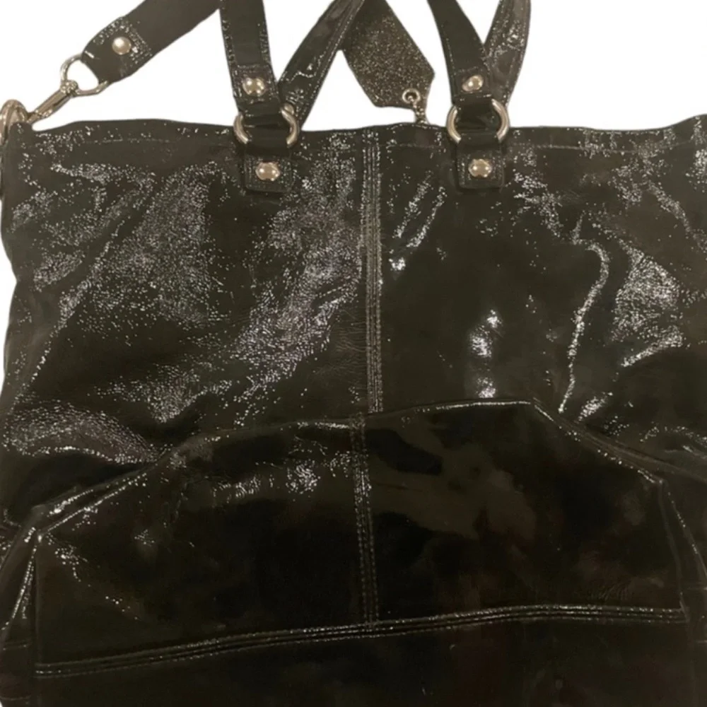 AUTH COACH POPPY GLOSSY CRINKLE PATENT LEATHER SATCHEL BAG PURSE 13869 BLACK - Picture 5 of 11